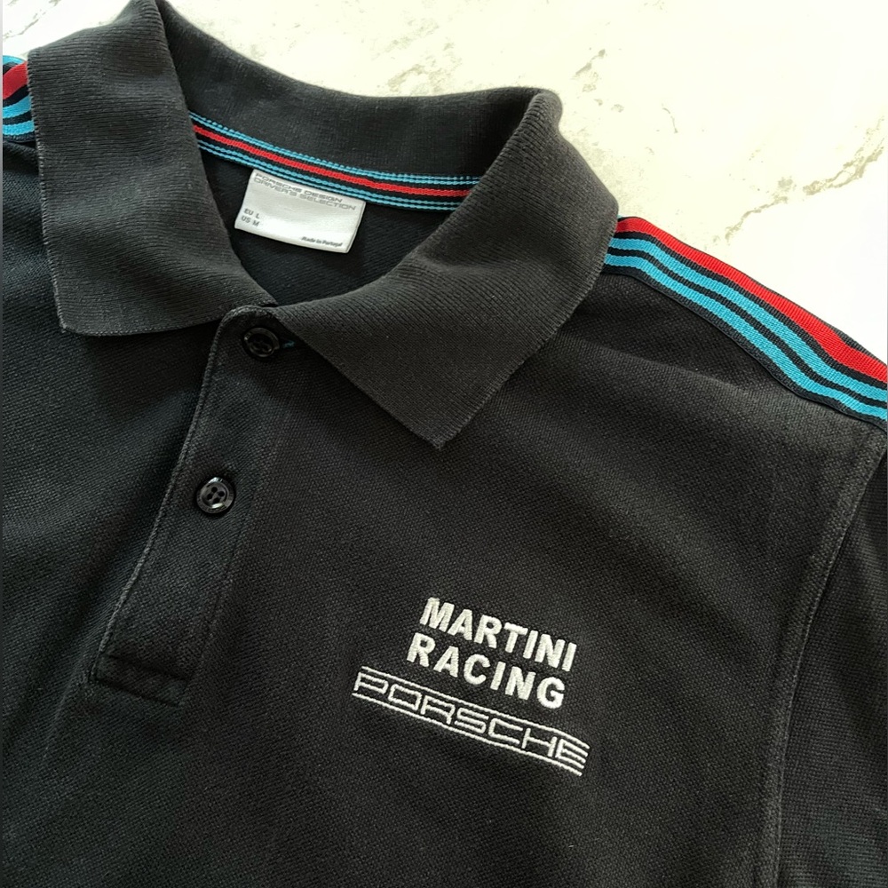 Porsche Design Martini Racing Black Polo with Blue and Red Stripes, Medium